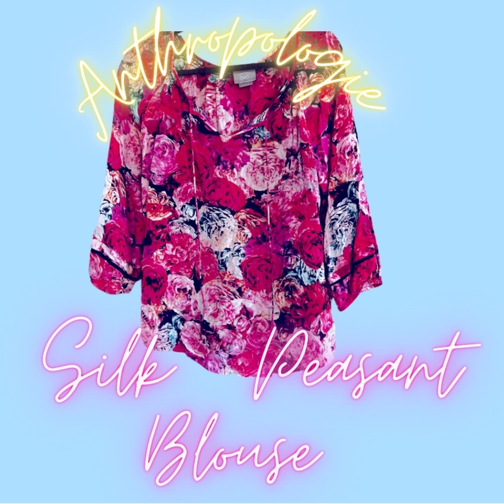 Anthropologie Floral Silk Peasant Blouse